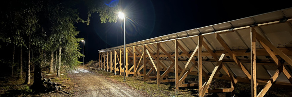 En grusväg som går genom en skog nattetid, upplyst av gatlyktor. Till höger står en rad solpaneler monterade på en träställning.